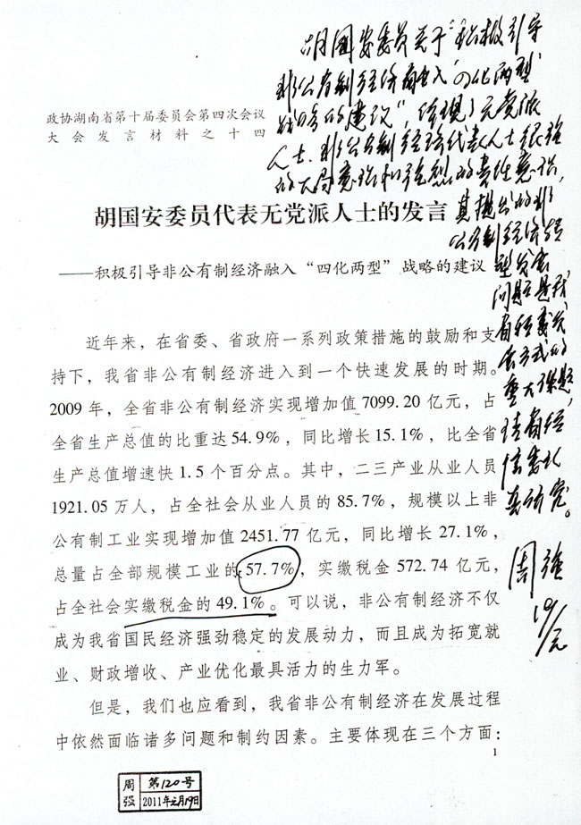 胡國(guó)安委員代表無(wú)黨派人士的發(fā)言——積極引導(dǎo)非公有制經(jīng)濟(jì)融入“四化兩型”戰(zhàn)略的建議
